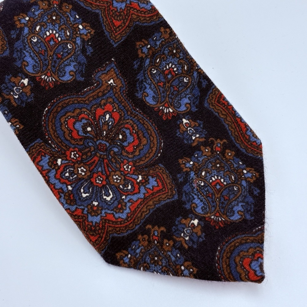 Paul Stuart Mens Cashmere Paisley Tie Navy Blue Red Brown Wide VTG
